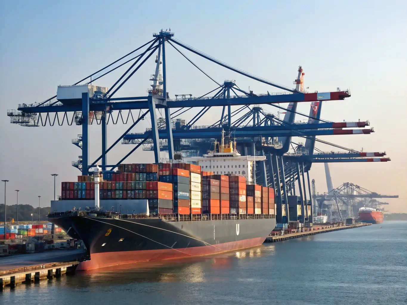 A modern cargo ship is loaded with various vehicles, including cars and trucks, ready for international export. The scene is set at a bustling port with cranes and shipping containers in the background, under a clear blue sky.