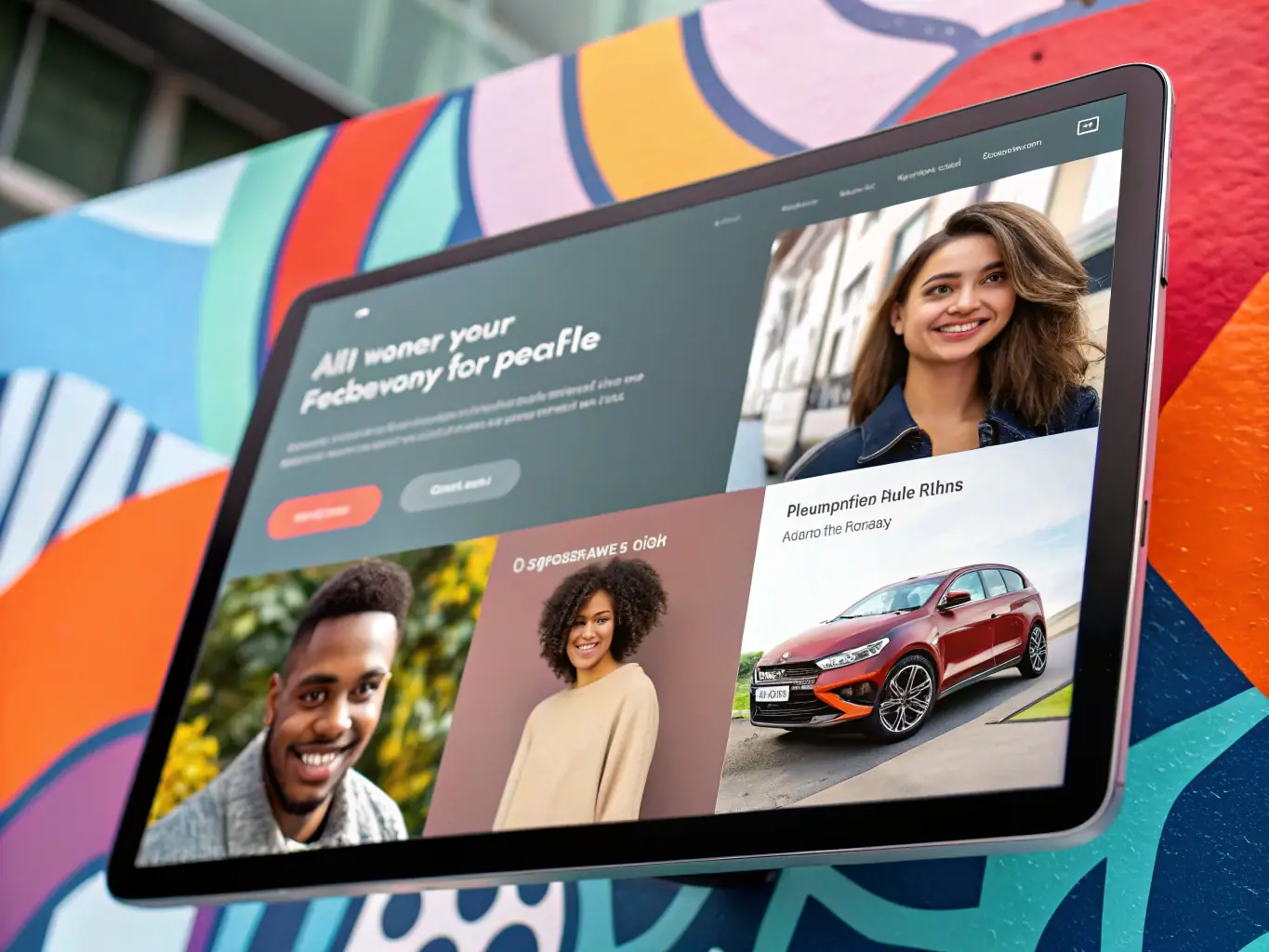 A vibrant digital display showcasing automotive advertisements, including social media ads and website banners. The ads feature sleek car designs and compelling marketing messages, highlighting the effectiveness of digital advertising in the automotive industry.