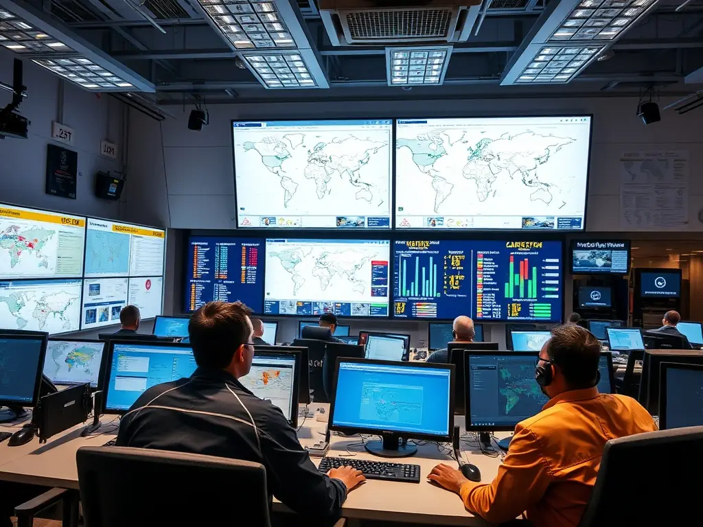 A modern logistics control center with screens displaying real-time vehicle tracking and supply chain management data, representing streamlined processes.